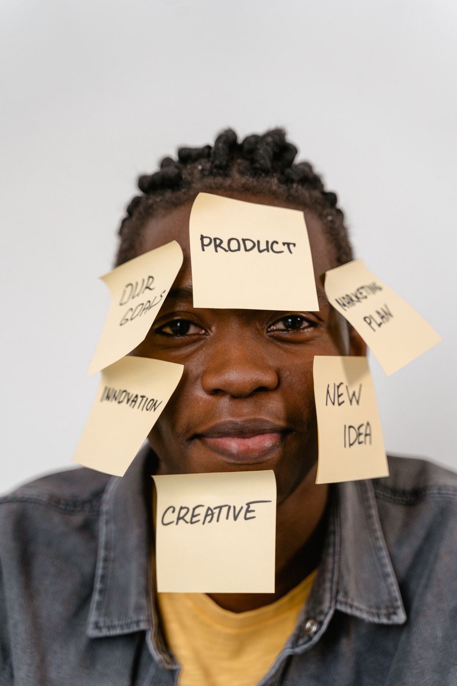 Person covered in sticky notes reading product, innovation, new idea and creative