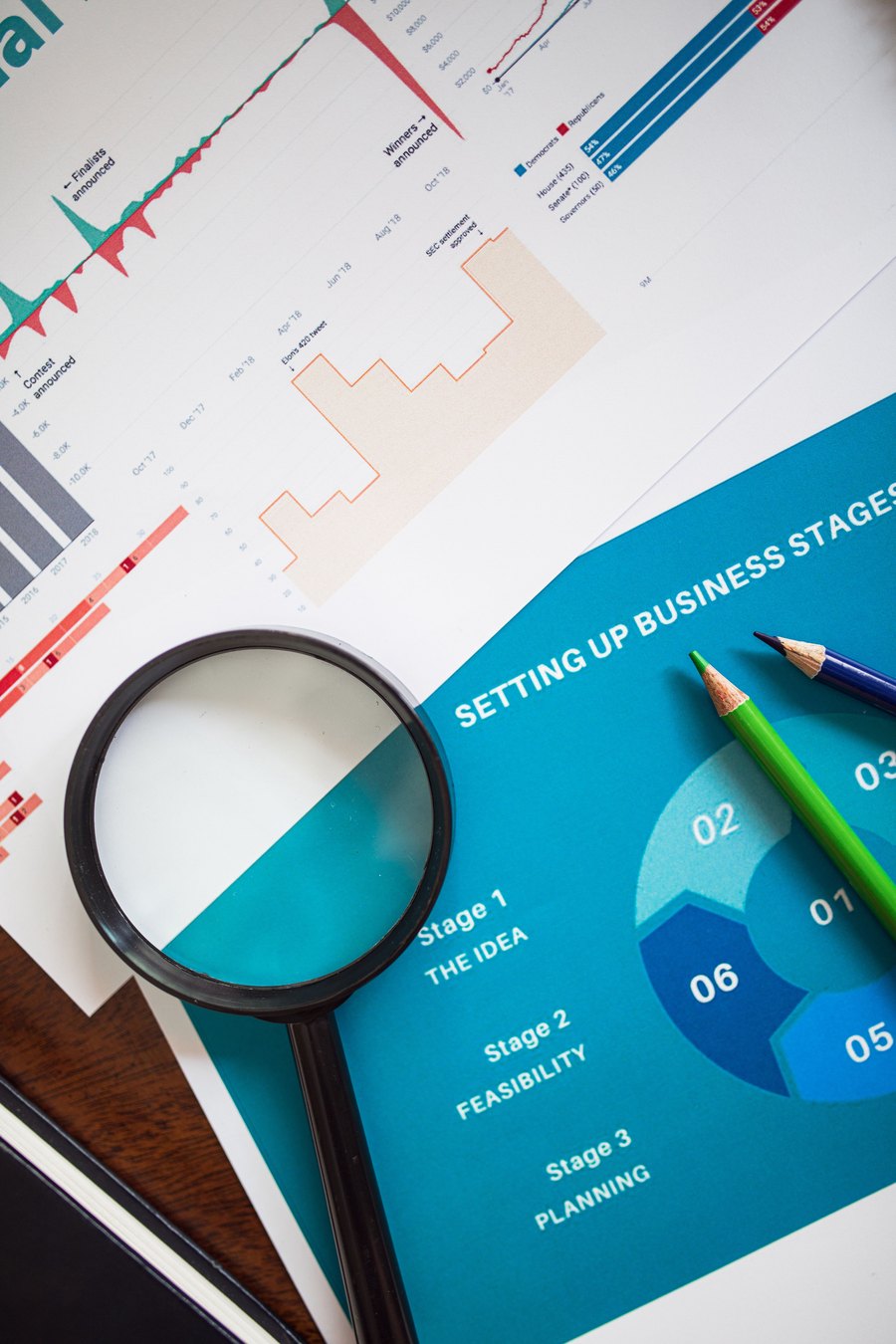 Business planning documents, charts, and a magnifying glass