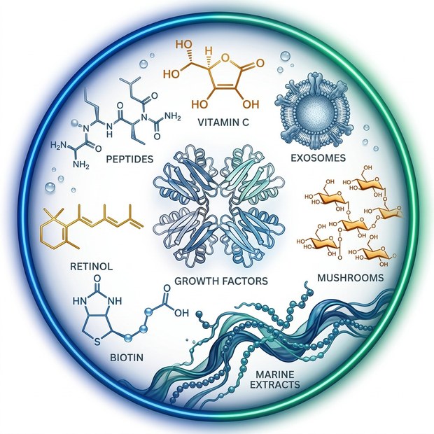 Molecular structures of skincare and wellness actives including peptides, vitamin C, retinol, biotin, growth factors, mushrooms, and marine extracts