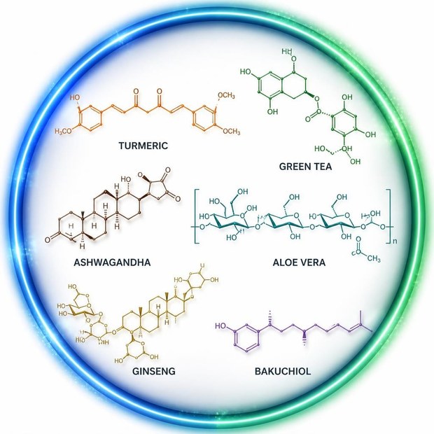Molecular structures of botanical actives including turmeric, green tea, ashwagandha, aloe vera, ginseng, and bakuchiol