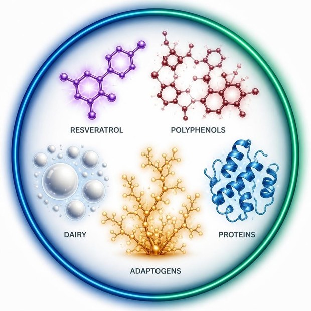 Molecular structures of functional food and beverage actives including resveratrol, polyphenols, adaptogens, dairy, and proteins