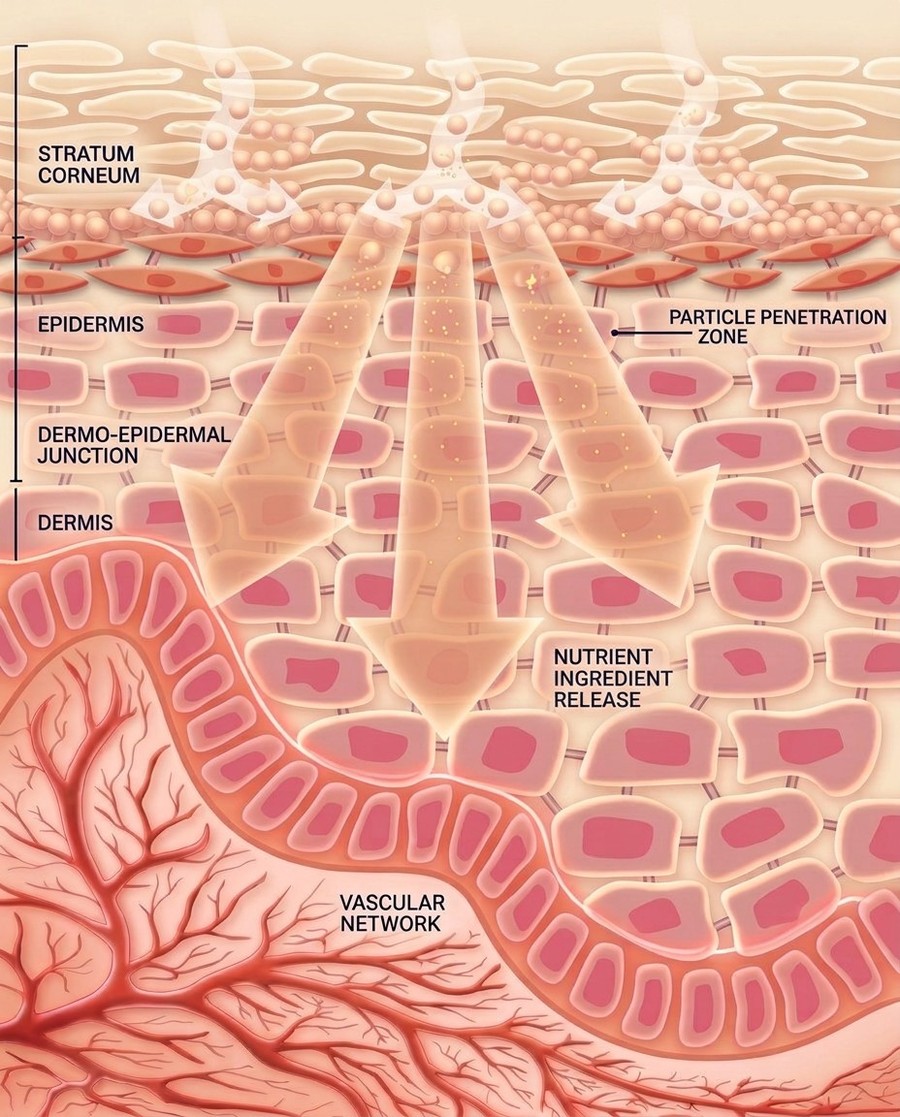 Cross section illustration of skin layers, labeled stratum corneum, epidermis, dermo-epidermal junction, dermis and vascular network, showing the particle penetration zone and nutrient ingredient release