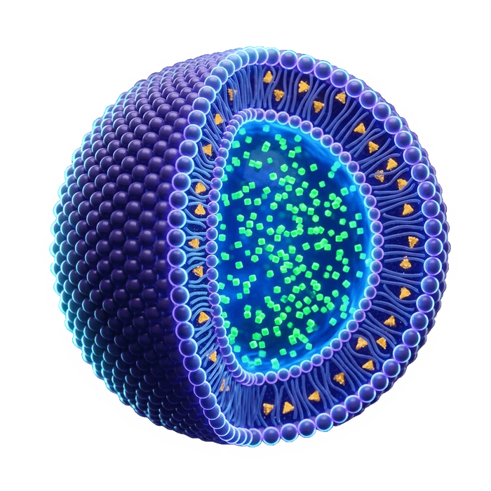 Cross-section rendering of a SmartSorb sphere showing encapsulated hydrophilic and lipophilic ingredients